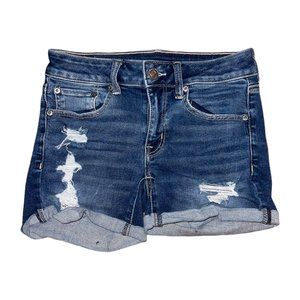American Eagle Distressed Womens Booty Shorts 2 Cuffed Frayed Midi Medium Wash